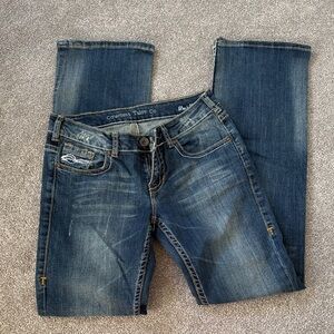 Cowgirl Tuff Women's Dark Blue Bootcut Jeans with Whisker Fade